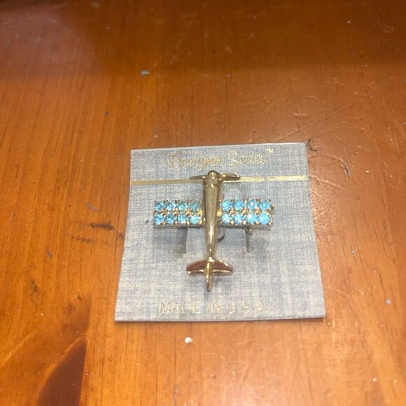 Designer Series Gold Blue Stone Airplane Brooch Pin New - Picture 1 of 3